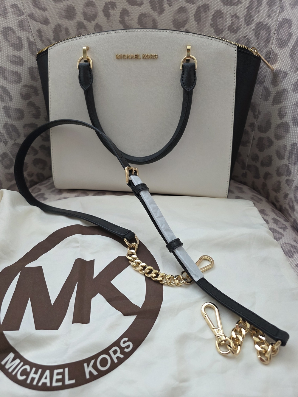Michael Kors Cream and Black Dome Satchel with Gold Hardware